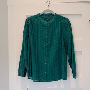 NWT J Crew green, long-sleeve Swiss dot blouse
